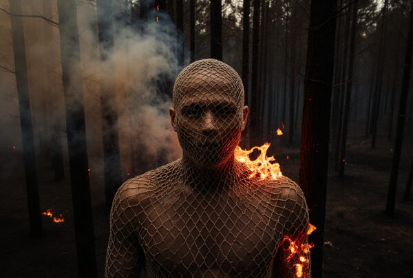 A figure in mesh stands surrounded by fire and smoke in a dark forest.