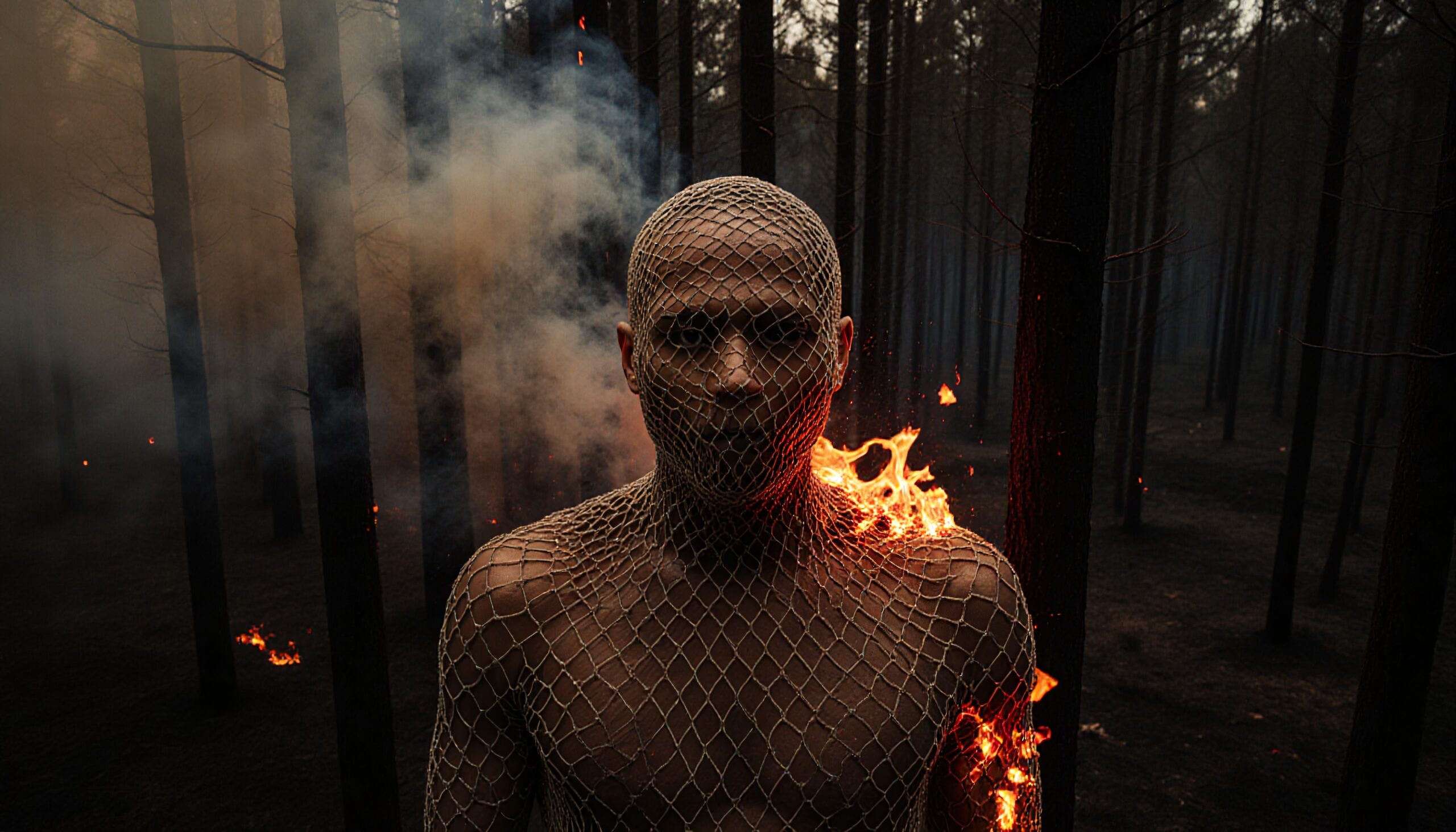 Net-Clad Figure Amid Flames
