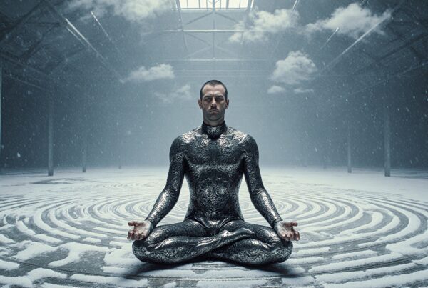 Futuristic meditative man in snow-filled warehouse.
