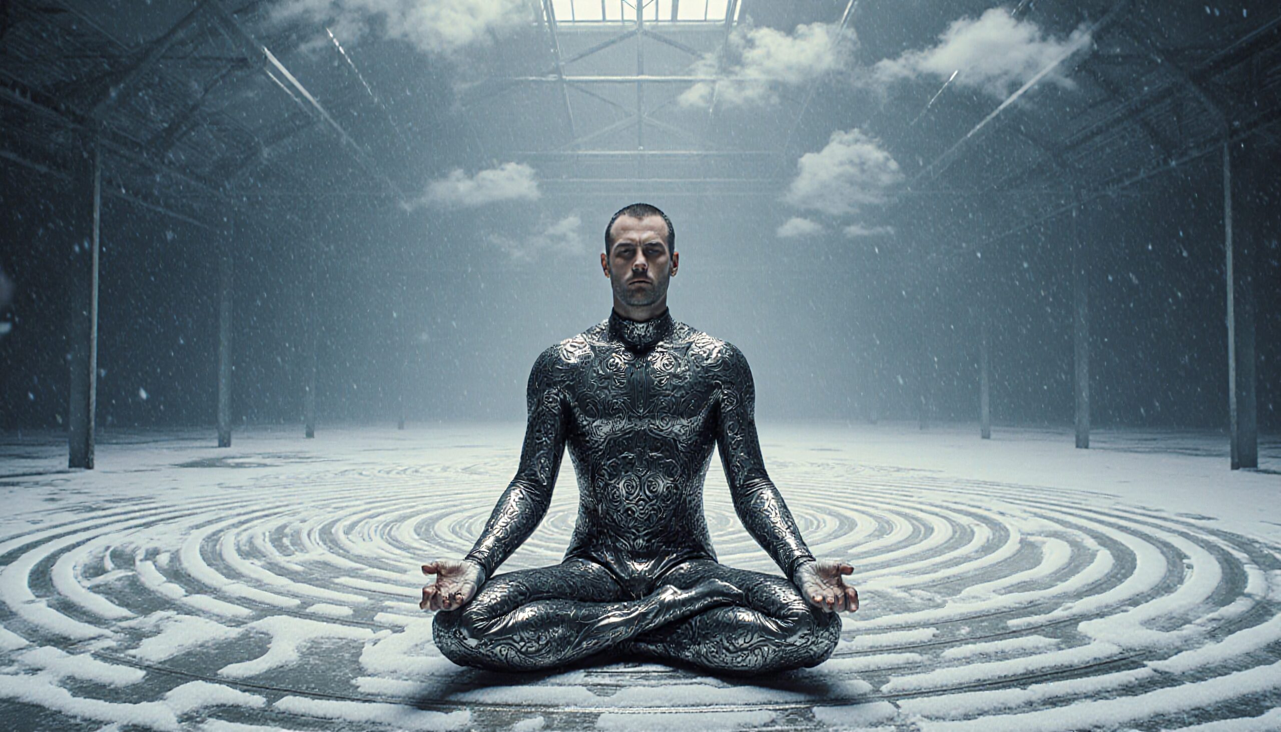 Man Meditating in Abstract Snowfall