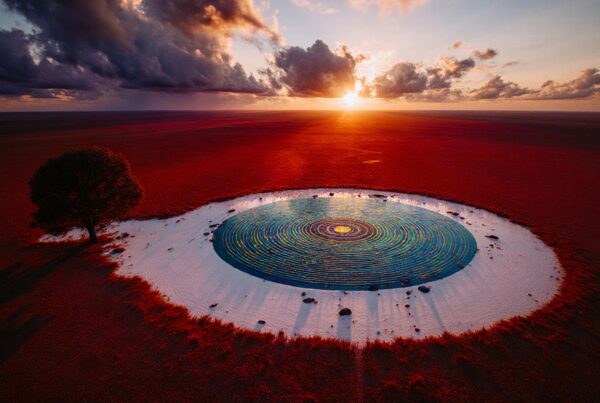 A surreal landscape featuring concentric water ripples under a dramatic sunset.