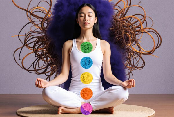 A woman meditating with visible chakras.