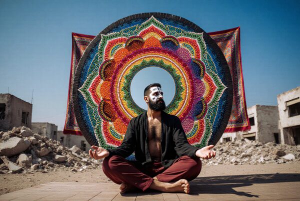 A person meditates amidst urban ruins with a colorful mandala backdrop.