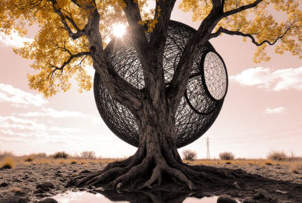 A large tree with a spherical wire structure embedded in the trunk, surrounded by a barren landscape and yellow autumn leaves.