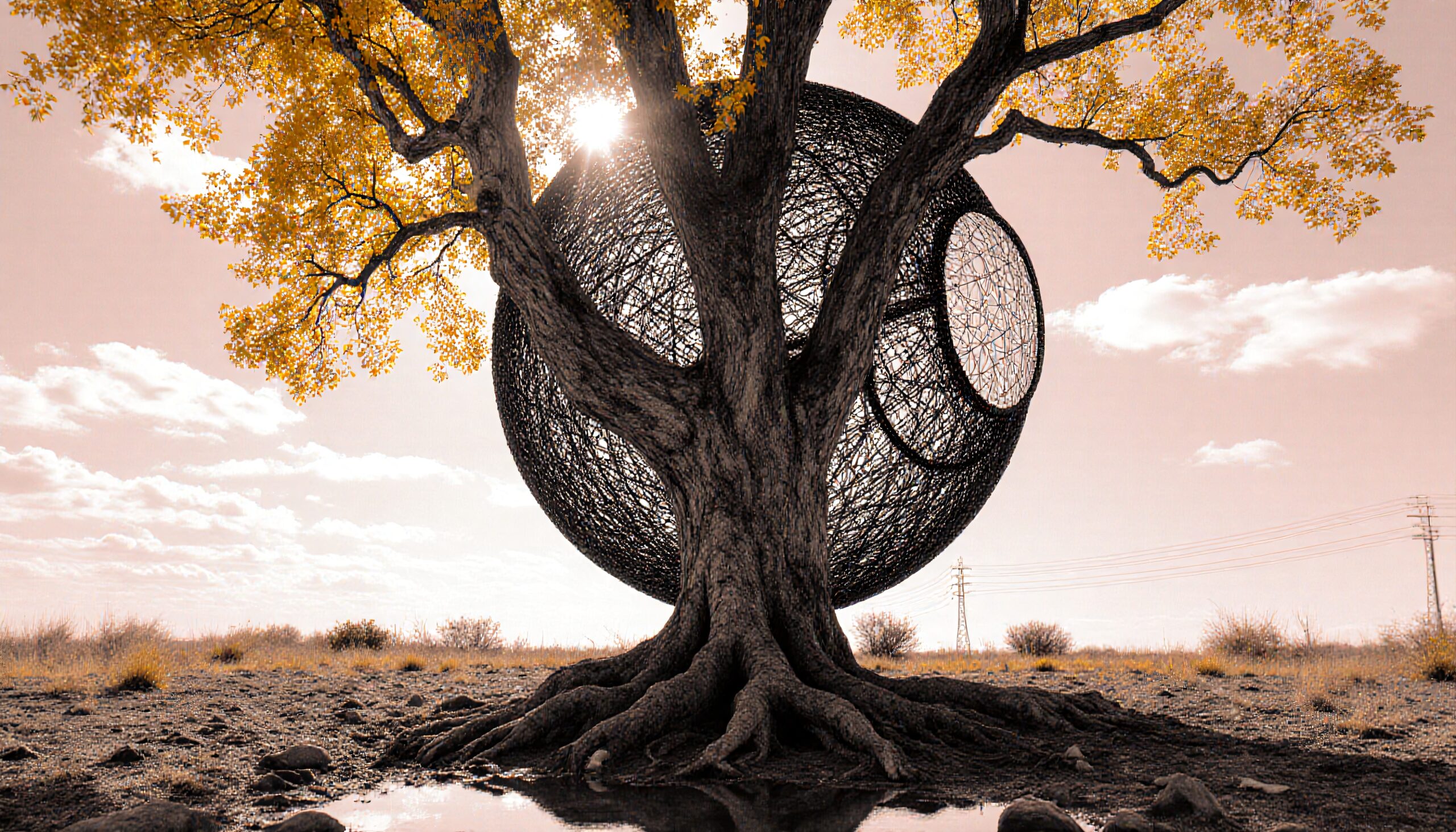 Tree Embracing Surreal Wire Sphere