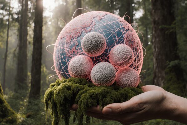 A hand holds a globe wrapped in pink network lines, set against a forest.