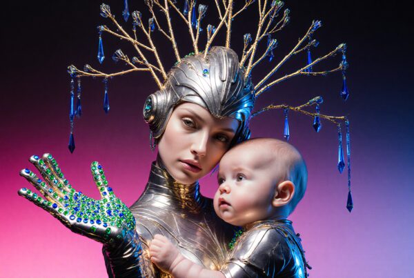 Futuristic metallic mother with child, intricate headdress, gemstone details.
