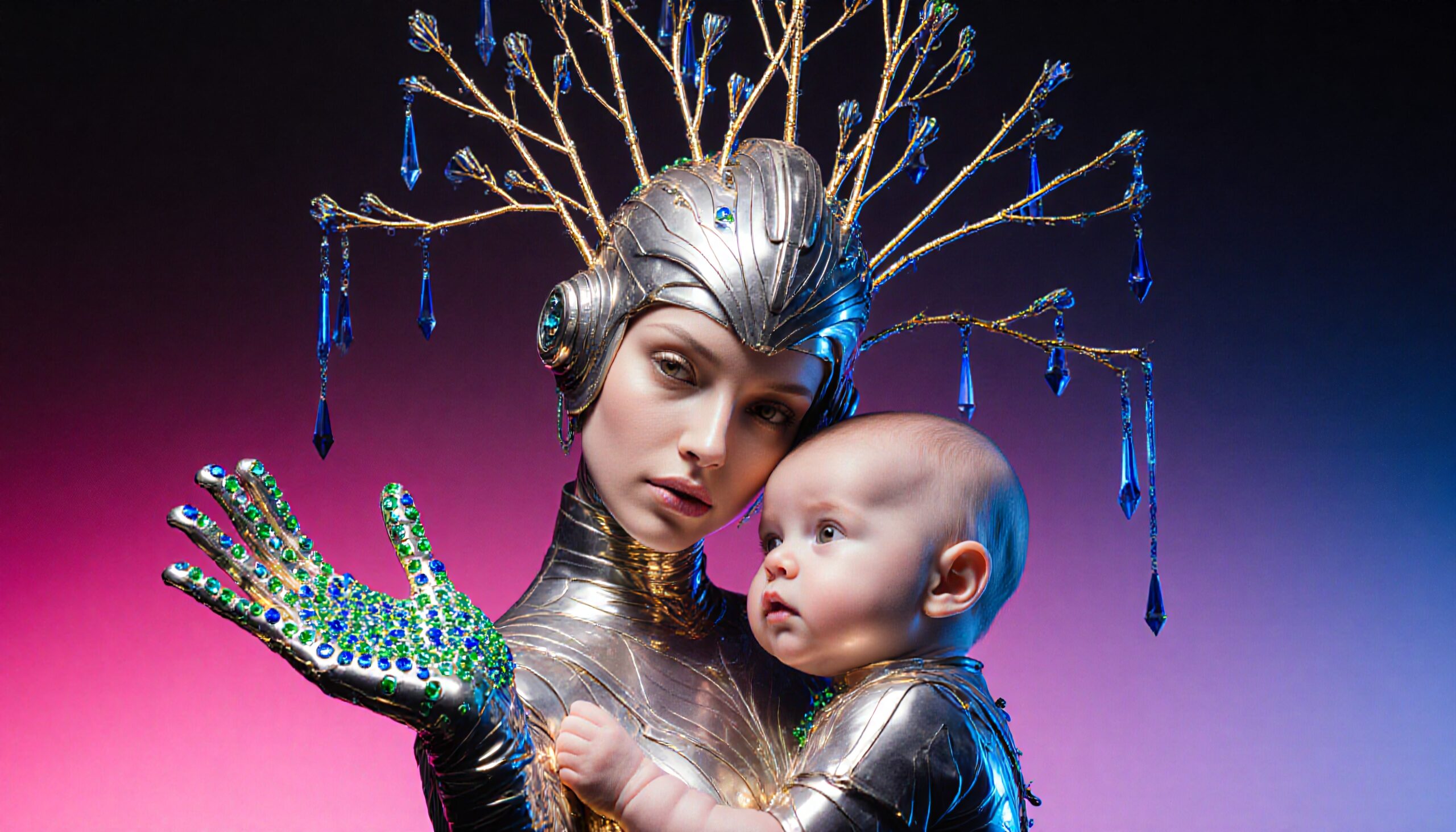 Futuristic Mother and Child Embrace