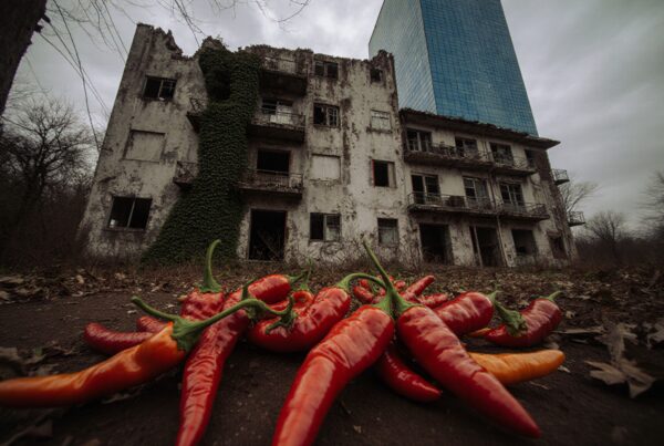 Vibrant chili peppers lie abandoned beneath a dilapidated building with a looming modern skyscraper.