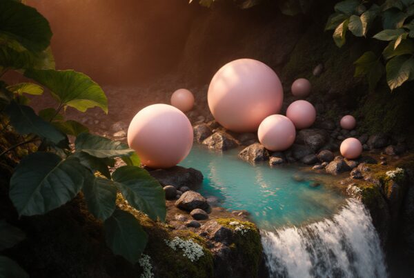 Surreal scene of pink spheres floating near a waterfall surrounded by lush greenery and turquoise water.