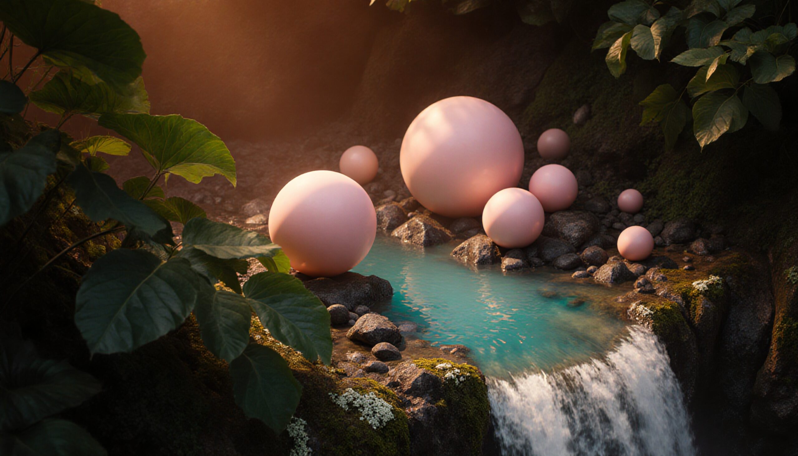 Pink Spheres in Enchanted Waterfall