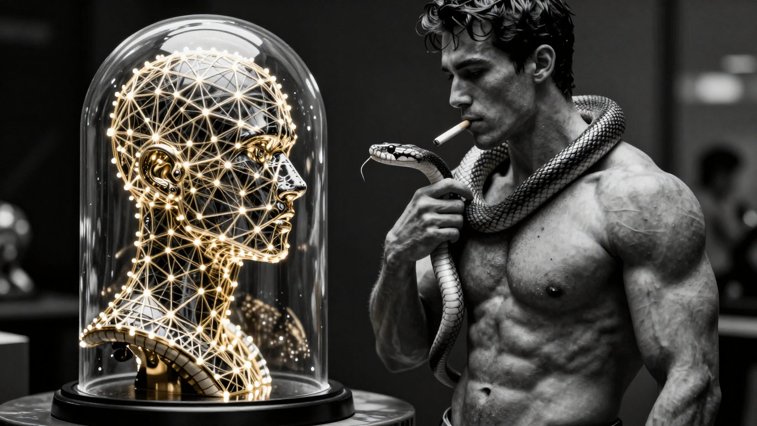 Man With Snake And Glowing Sculpture