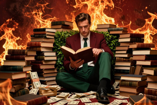 Man in suit reading book surrounded by burning books and scattered money