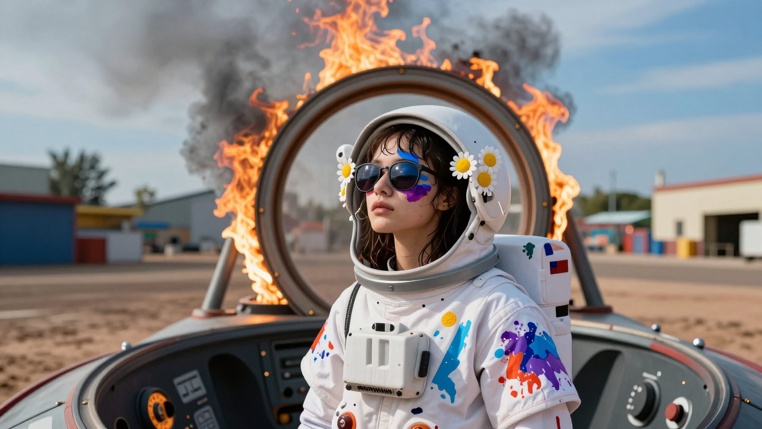 Astronaut Embraces Fire and Color