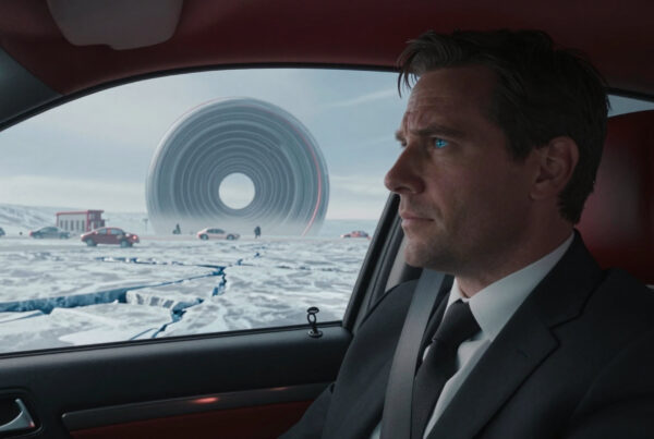Man stares out car window at giant mysterious glowing spiral ring in icy wasteland