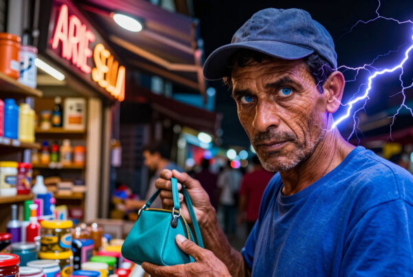 Elderly man holds teal handbag amid glowing market lit by dramatic lightning strike