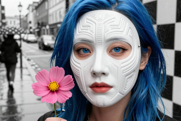 Woman wearing futuristic sun mask holding pink flower on rainy city street