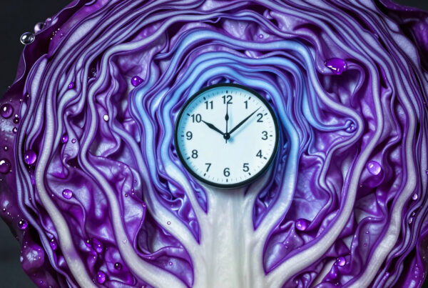 Clock inside purple cabbage surreal artistic photo