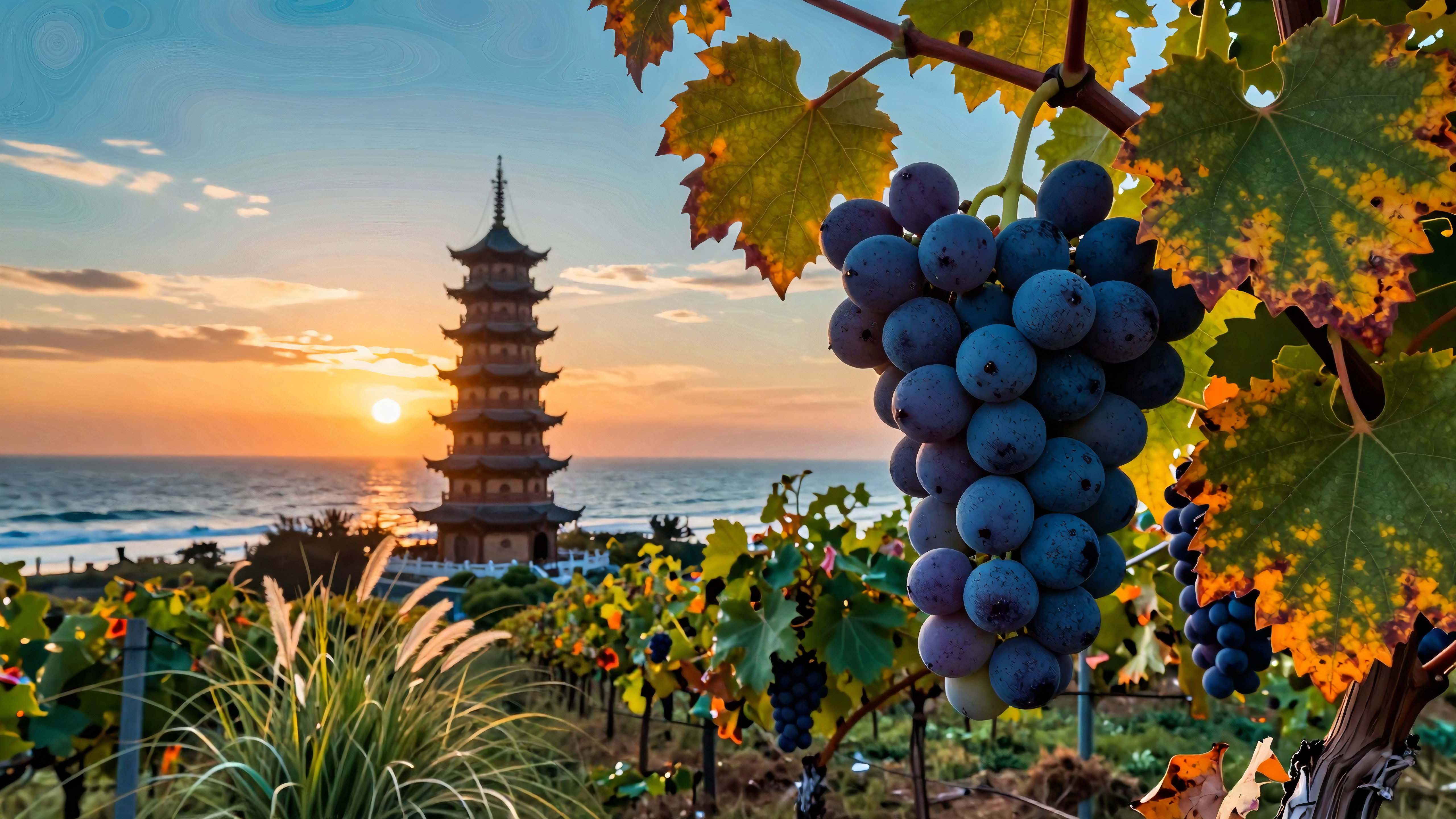 Sunset Vineyard Landscape with Pagoda