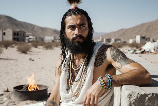 Bearded man in desert with colorful bead accessories.