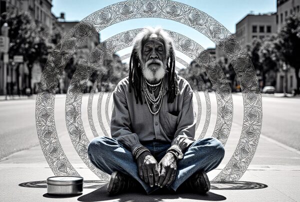 A man meditates in urban street, surrounded by artistic concentric circles.