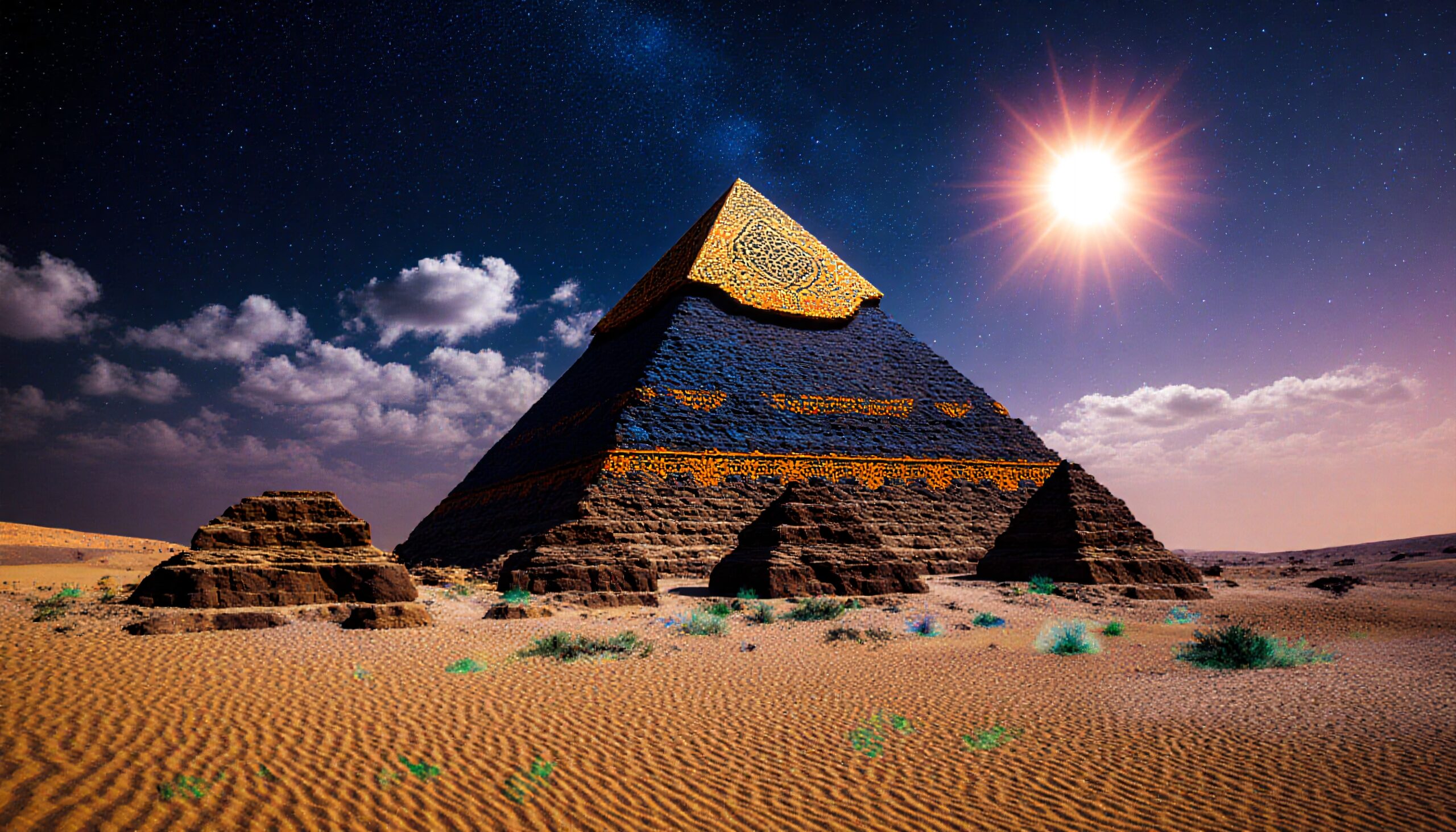 Pyramid under celestial night sky