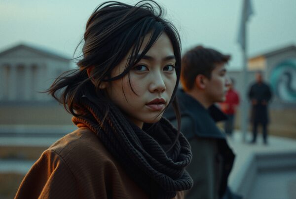 Young woman wearing scarf, gazing intently.