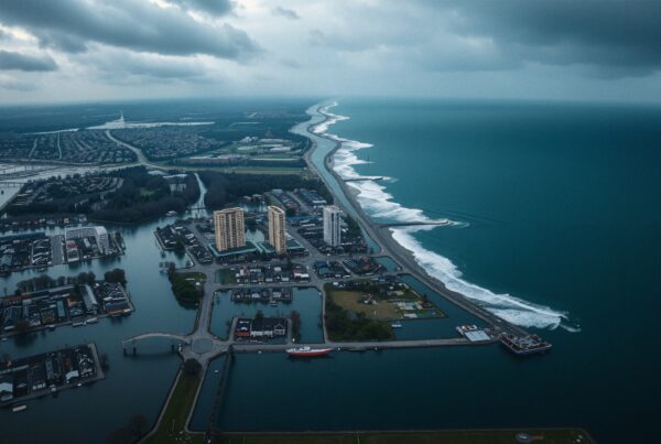 Aerial view of a coastal town with tall buildings, canals, and a dramatic ocean view.