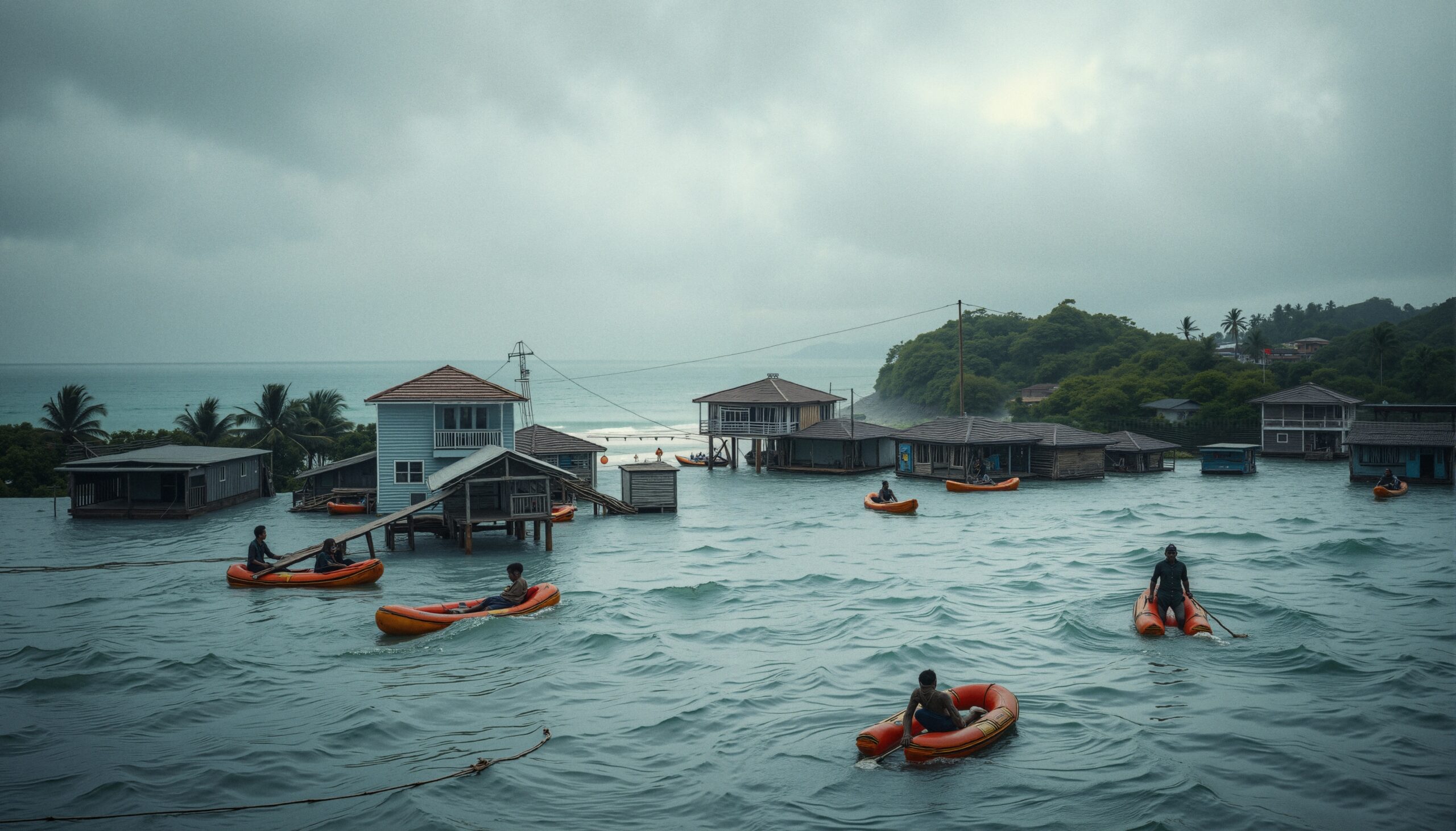 Flooded village with floating boats