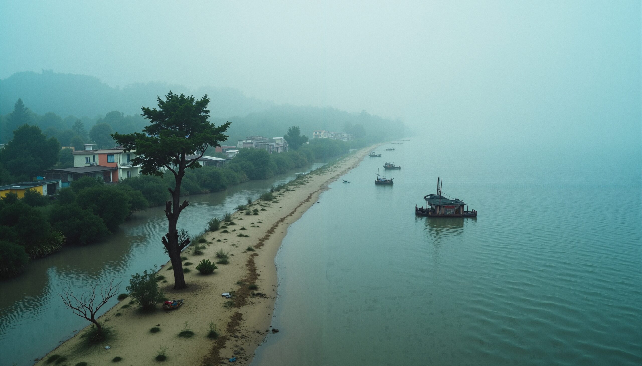 Misty Riverbank with Moored Boats