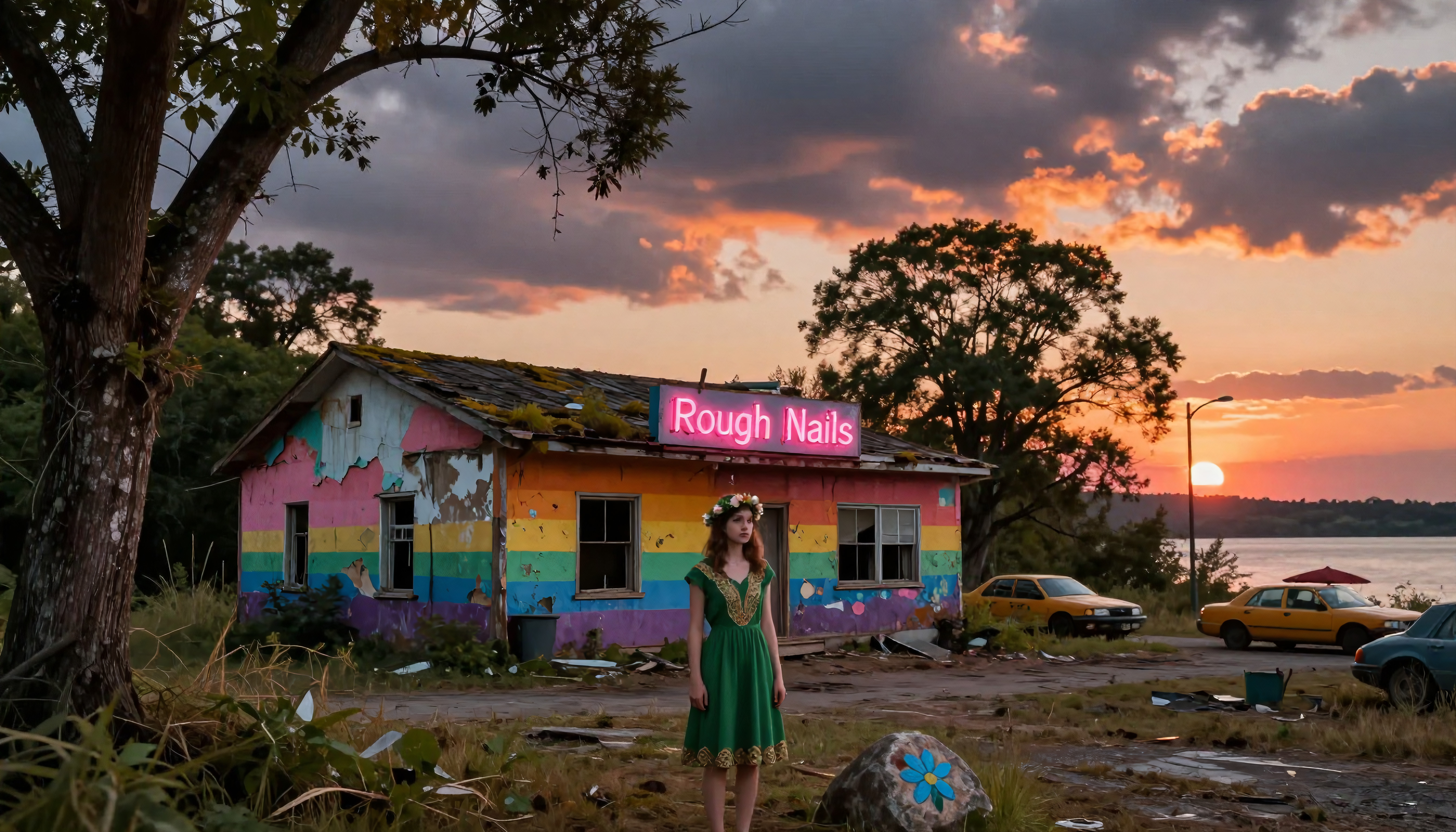 Abandoned Building with Sunset and Person