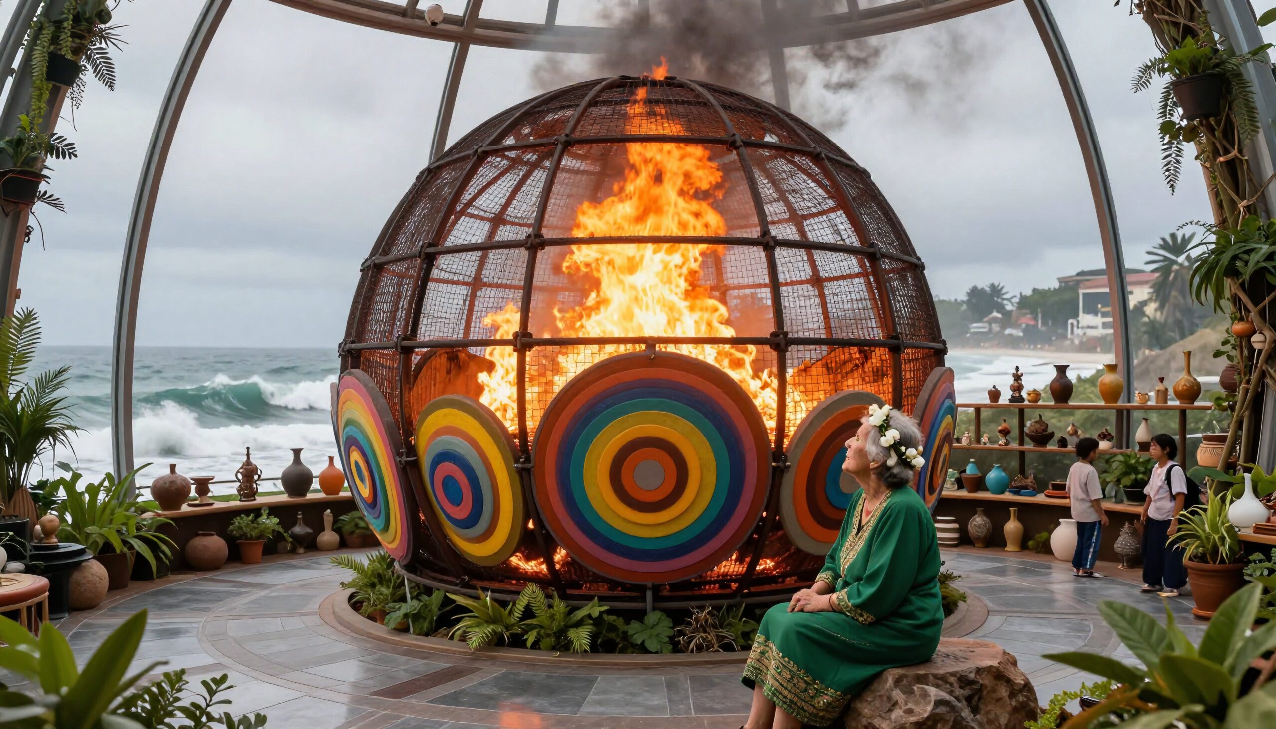 Fiery globe installation by ocean