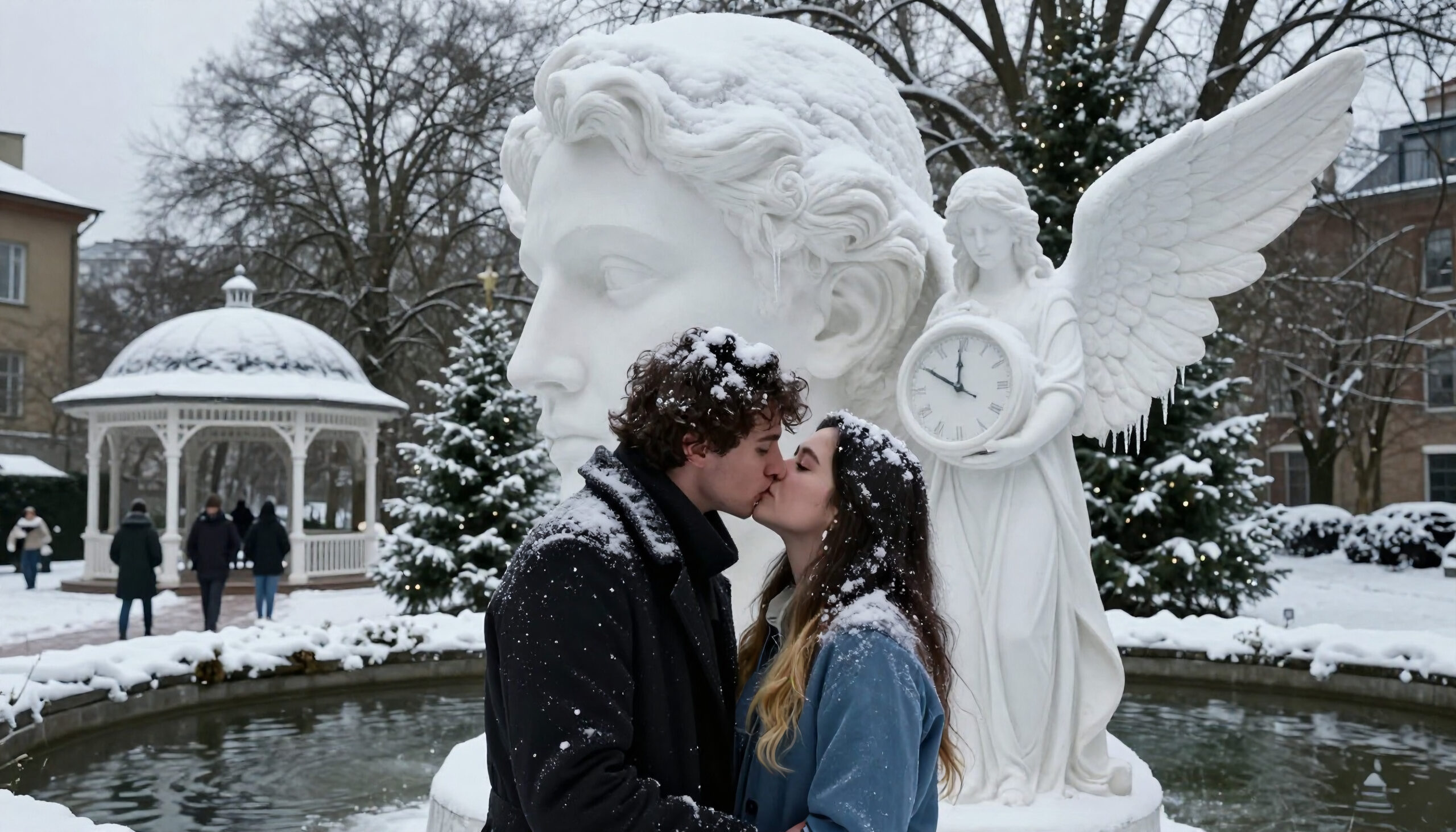 Couple Kissing by Large Snowy Fountain