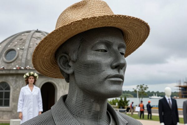 Detailed wire mesh sculpture with straw hat in outdoor exhibition setting featuring artistic installations and a woman in a lab coat with a floral crown.