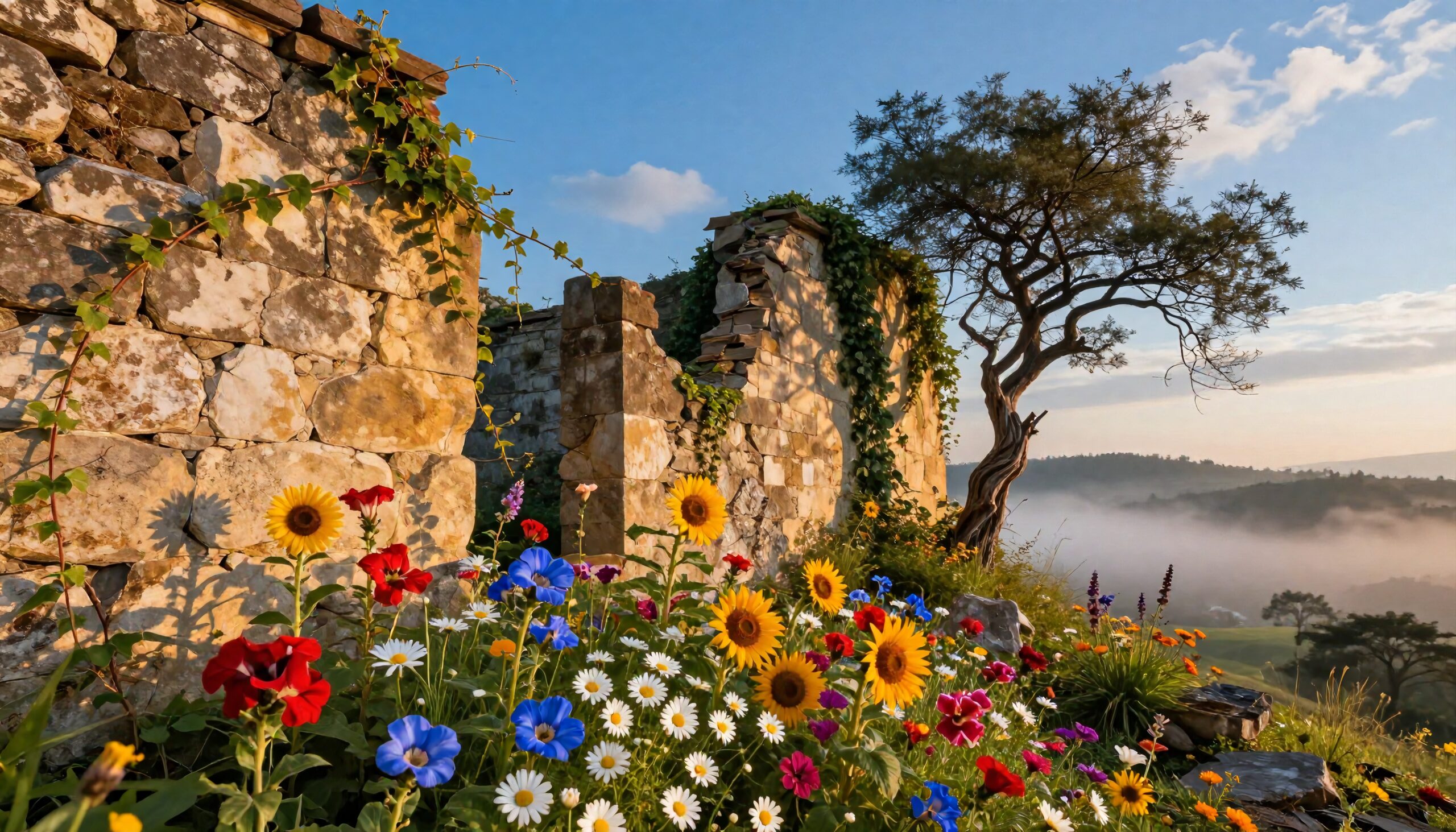 Colorful Wildflowers Beside Stone Wall
