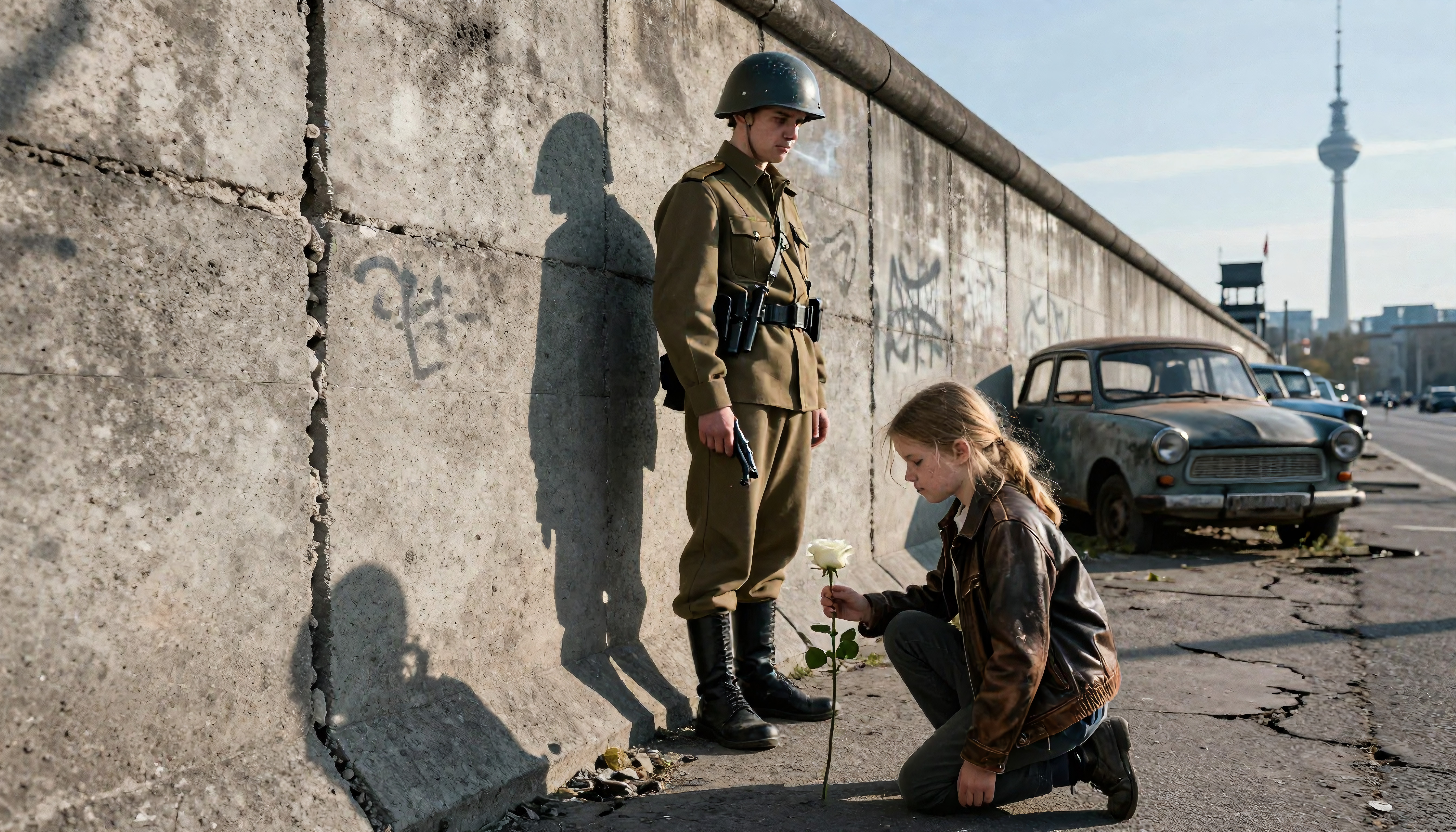 Girl Offering Rose to Soldier at Berlin Wall