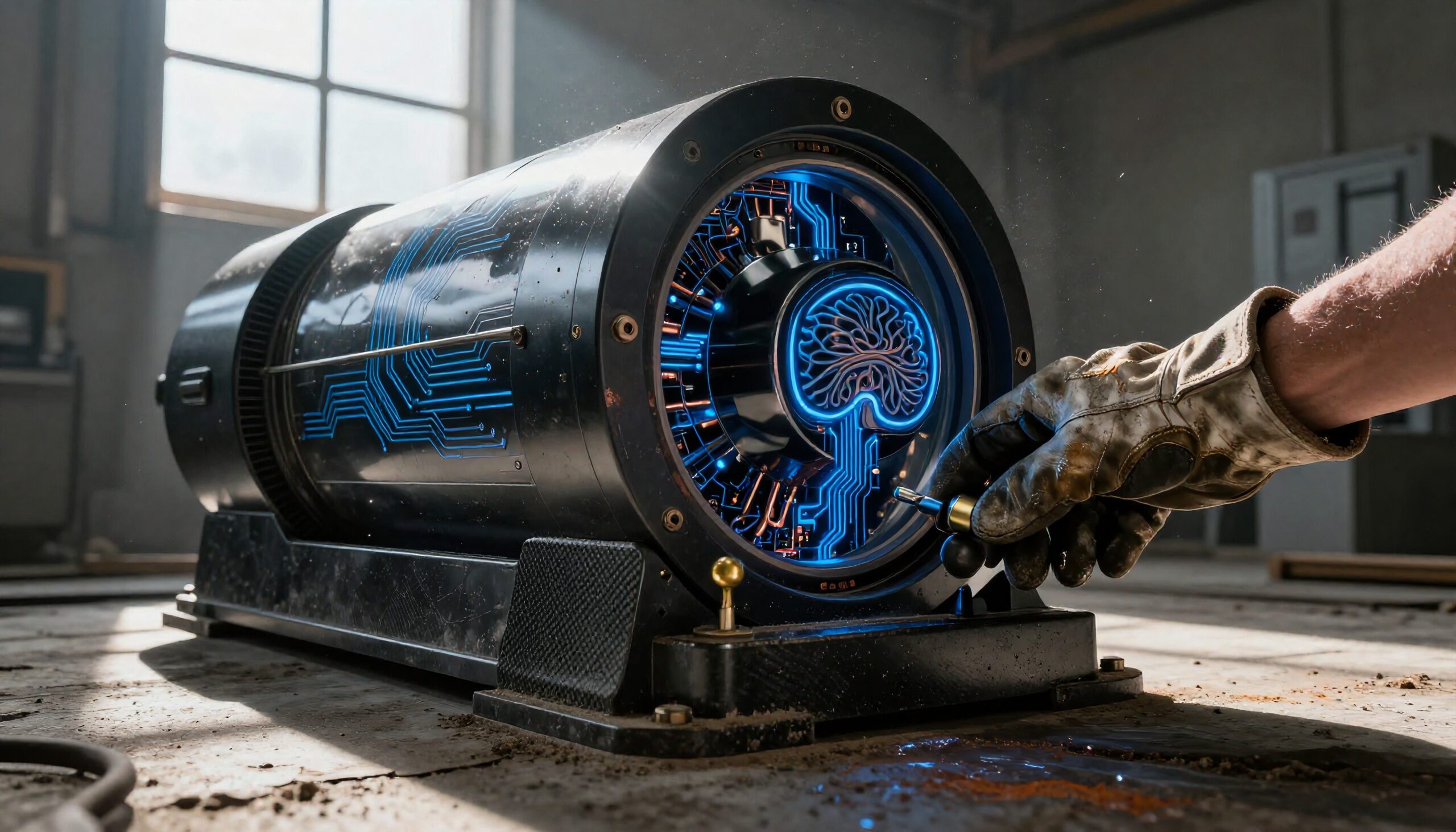 Futuristic Machine in Industrial Workshop