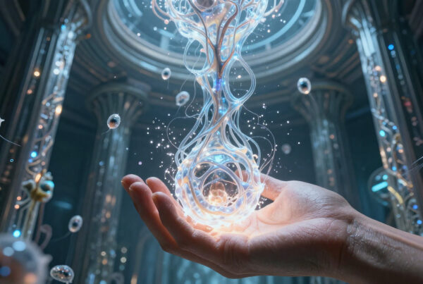 Human hand holding glowing mystical energy orb in futuristic sacred hall