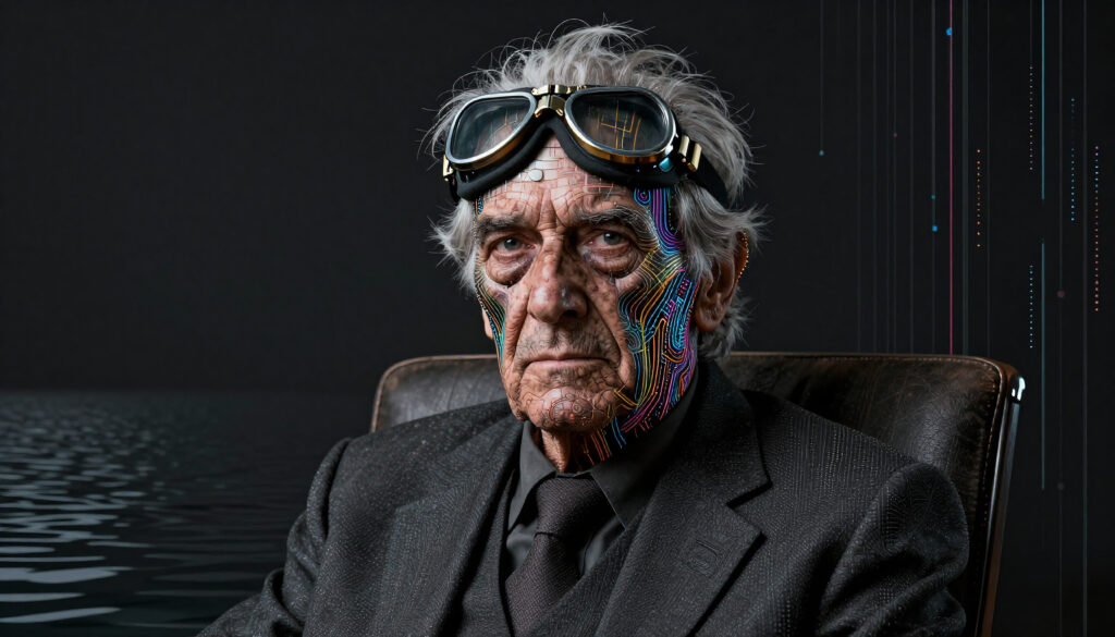 Intelligent Portrait of Elderly Man with Cybernetic Implants and