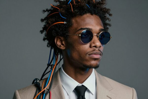 A man in a beige suit with wired hair and sunglasses.