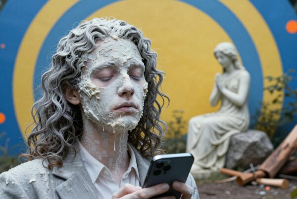 A person in clay mask uses a smartphone, statue in background.