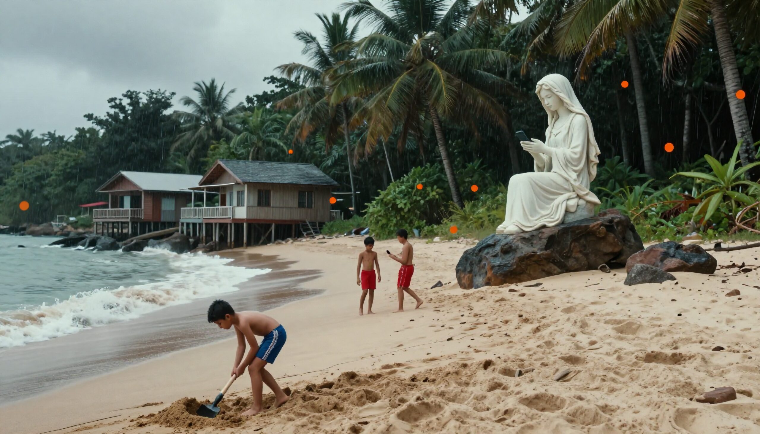 Tropical Beach with Serene Statue
