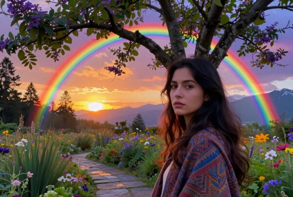 A woman in a colorful garden with a rainbow arching over a sunset sky.
