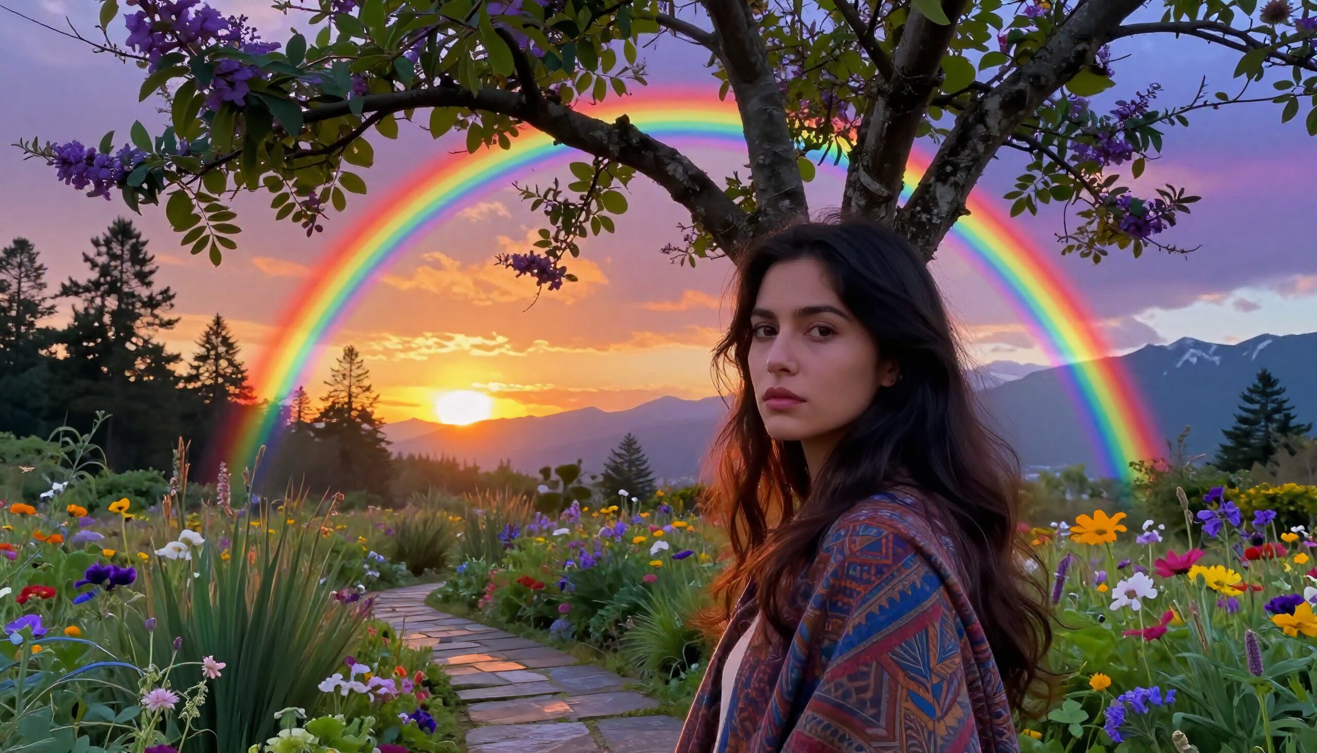 Vibrant Rainbow Over Serene Garden