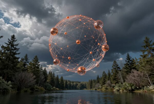 Futuristic glowing sphere hovers over tranquil forest river.