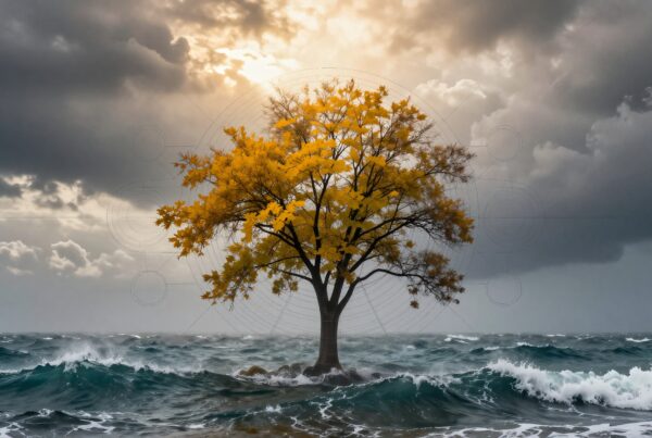 A solitary tree with golden leaves stands resilient in a stormy sea against a dramatic sky.