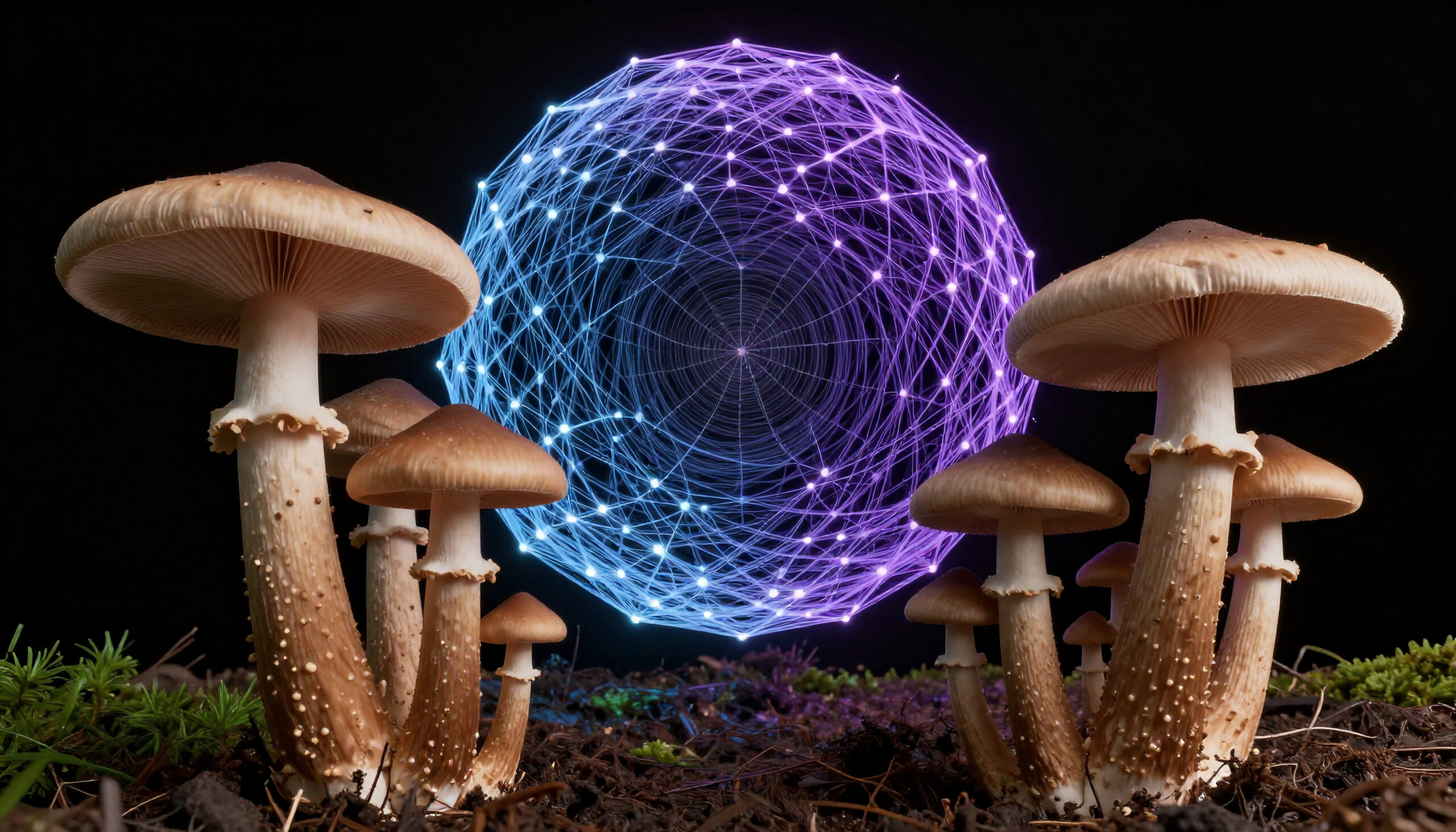 Mushrooms and Glowing Digital Sphere