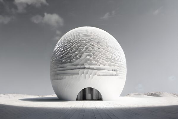 Futuristic spherical building with textured facade.