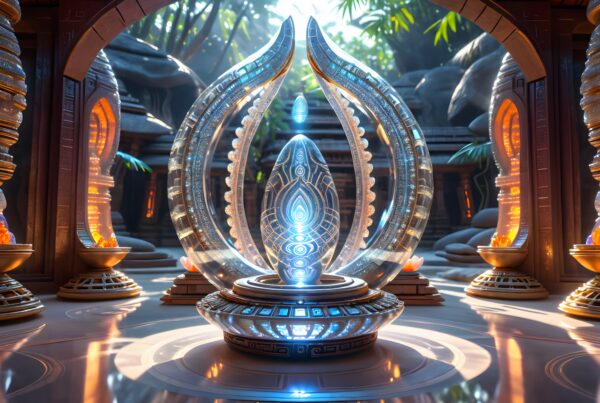 A glowing artifact encased in ornate glass within a mystical temple, surrounded by ambient lighting and nature.