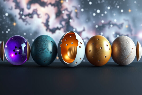 Surreal cosmic eggs evolving through phases against starry background